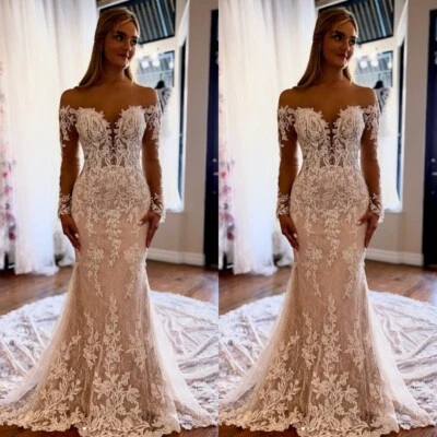 Mermaid Wedding Dresses Long Lace Sleeves Off Shoulder Sweep Train Bridal Gowns - Image 1 of 4