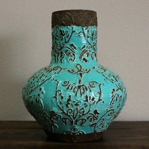 Large Vintage Turquoise Persian Blue Ceramic Hearts Vase Home Patio Garden Decor - Picture 1 of 7