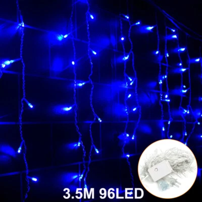 96LED Fairy Icicle Curtain Fairy Lights Party Indoor Outdoor Xmas Home Lamp Blue - Image 1 of 4