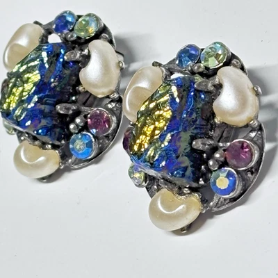 Enorme Pedra de Lava Lua Pedra Peça de Livro FLORENZA Antigo Brincos Clipe de Prata Antiquado - Imagem 1 de 4