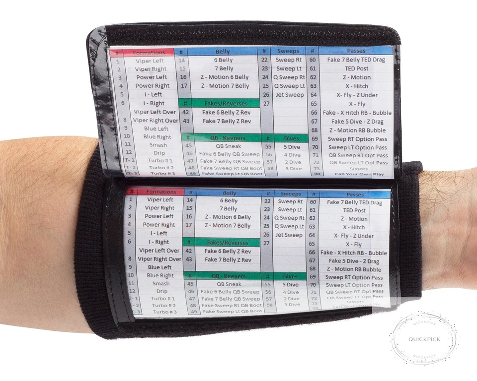QB Wrist Coach Playbook Wristband 3 Playsheet Compartments Flag Tackle Football