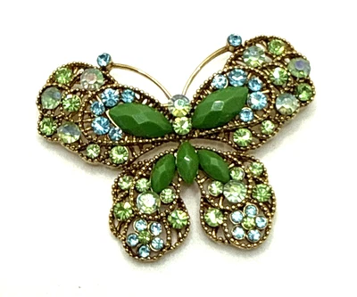 Broche vintage de diamantes de imitación MARIPOSA tono dorado verde y azul 2 1/4" Foto 1 de 4