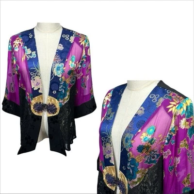 VTG Spencer Alexis Asian Inspired Silk Blend Floral Lace Boho Kimono Jacket Sz M - Image 1 of 4
