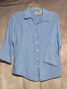 LL Bean Hemd Damen M blau 100% Leinen Knopfleiste 3/4 Arm Freizeit Strand Resort  - Bild 1 von 9