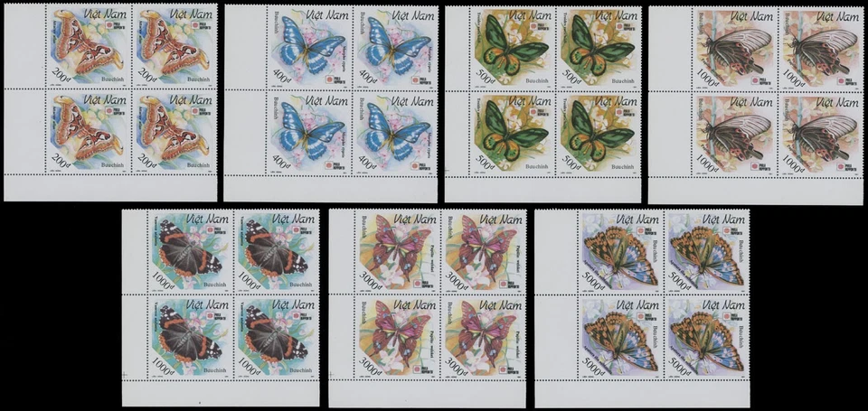 1991, VIETNAM, BUTTERFLIES, 200D-5000D SET IN CORNER BLOCKS OF 4 NH, SC.#2303-09 - Image 1 of 1