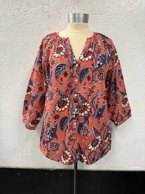 Conjunto de pijama largo floral coralino Anokhi, 100 % algodón bloque a mano - M Foto 1 de 4