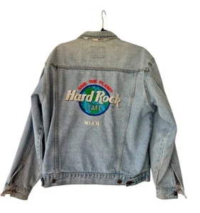 Vtg Hard Rock Cafe Miami Denim Jean Jacket Sz M Embroidered Blue Unisex 90s - Picture 1 of 6