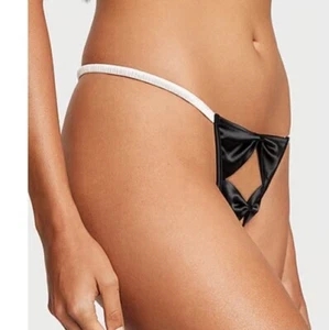 Victoria’s Secret VERY SEXY Double Bow Thong Panty White Black Satin Small NWT - Picture 1 of 4