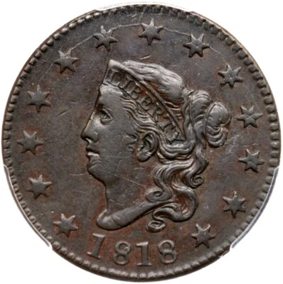 1818 N-10 R-1 PCG XF 40 Dbl Struck in Collar Matron or Coronet Head Large Cent - Image 1 of 2