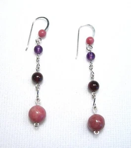 Lyns Jewelry Amethyst Garnet and Rhodonite Drop Earrings Silver - Picture 1 of 1
