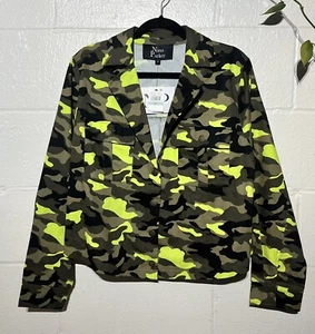 NWT Nina Parker Neon Green Camo Camouflage Snap Up Jacket Plus Size 1X - Picture 1 of 7