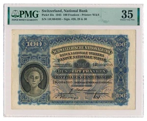 SWITZERLAND banknote 100 Franken 1945 PMG VF 35 Choice Very Fine - Picture 1 of 7
