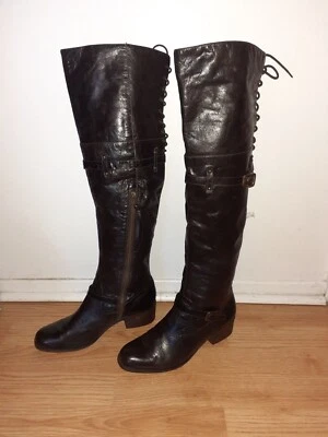 POUR LA VICTOIRE-Victorella над колена ботинки-Dk коричневая кожа-Sz 7,5-отличное - Изображение 1 из 4