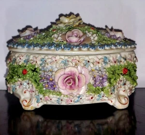 Vintage Elfin Moss Ware Large Trinket Box Decorative Handmade Flowers Germany - Picture 1 of 10