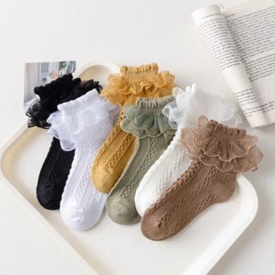 Medias suaves al tobillo de algodón con volantes y encaje para dama niñas calcetines de baile de tubo medio Foto 1 de 4