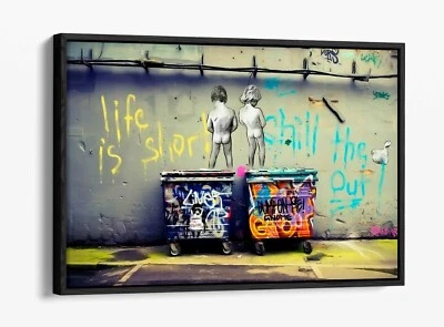 BANKSY LIFE IS SHORT-DEEP FLOATER/FLOAT EFFECT FRAMED CANVAS WALL ART PRINT-BLUE - Image 1 of 4