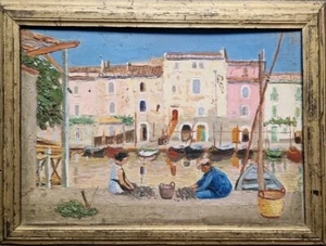 Charmant Ancien Tableau Naif Scène De Vie Port Couple Pecheurs Sardines... - Photo 1/9