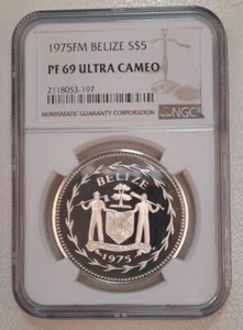 1975 FM BELIZE $5 (DOLLARS) SILVER - NGC PF 69 - UC UNC PROOF, FINEST GRADE - Picture 1 of 2