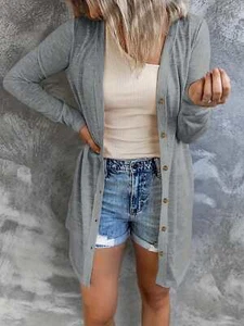 Plus Size Casual Cardigan, Women's Plus Solid Round Neck Button Up Long Sleeve C - Picture 1 of 98