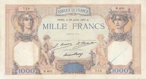 FRANCIA    MILLE FRANCS  Cérès et Mercure  Paris le 23 Juillet 1927 A. - Picture 1 of 2