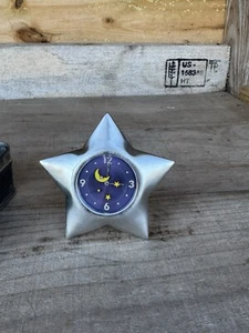 Vintage Why me Silver Tone Star Shaped Clock Moon And Stars Untested - Picture 1 of 8