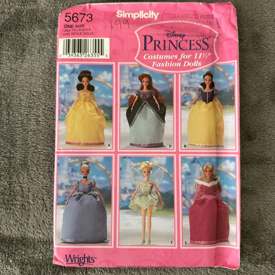 Simplicity Pattern 5673 11.5" Doll Clothes Disney Princess Dress 6 Styles - Image 1 of 4