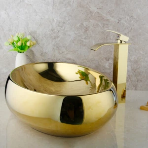 Grifo mezclador cascada oro + lavabo de cerámica dorada ovalada fregadero tazón juego de drenaje pop - Imagen 1 de 7