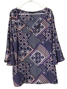 Patchwork Style Top Women’s 2X Cottagecore Boho Festival 3/4 Bell Sleeve Comfort - Picture 1 of 16