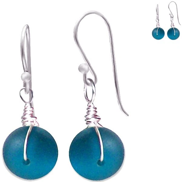 США | Серьги-ронделлы из стерлингового и морского стекла ремесленника БИРЮЗОВО-СИНИЕ *MERZIE* - Изображение 1 из 1