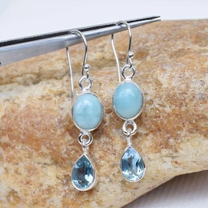 Natural Larimar & Blue Topaz Earring 925 Sterling Silver Vintage Earring-NE014 - Picture 1 of 3