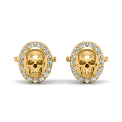 3CT Round Cut Lab Created Diamond Men's Skull Cufflinks 14K Yellow Gold Finish - Image 1 of 4