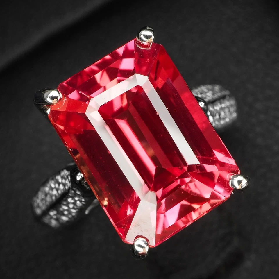 Anelli fatti a mano in argento sterling 925 elegante baguette zaffiro rosa... - Immagine 1 di 4