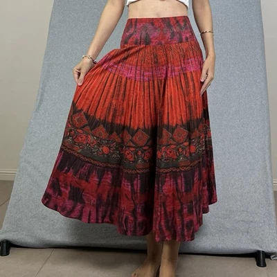 I.L.U Clothing Maxi Skirt Womens 12 Burgundy Red Cotton Midi Boho Peasant Hippie - Image 1 of 4