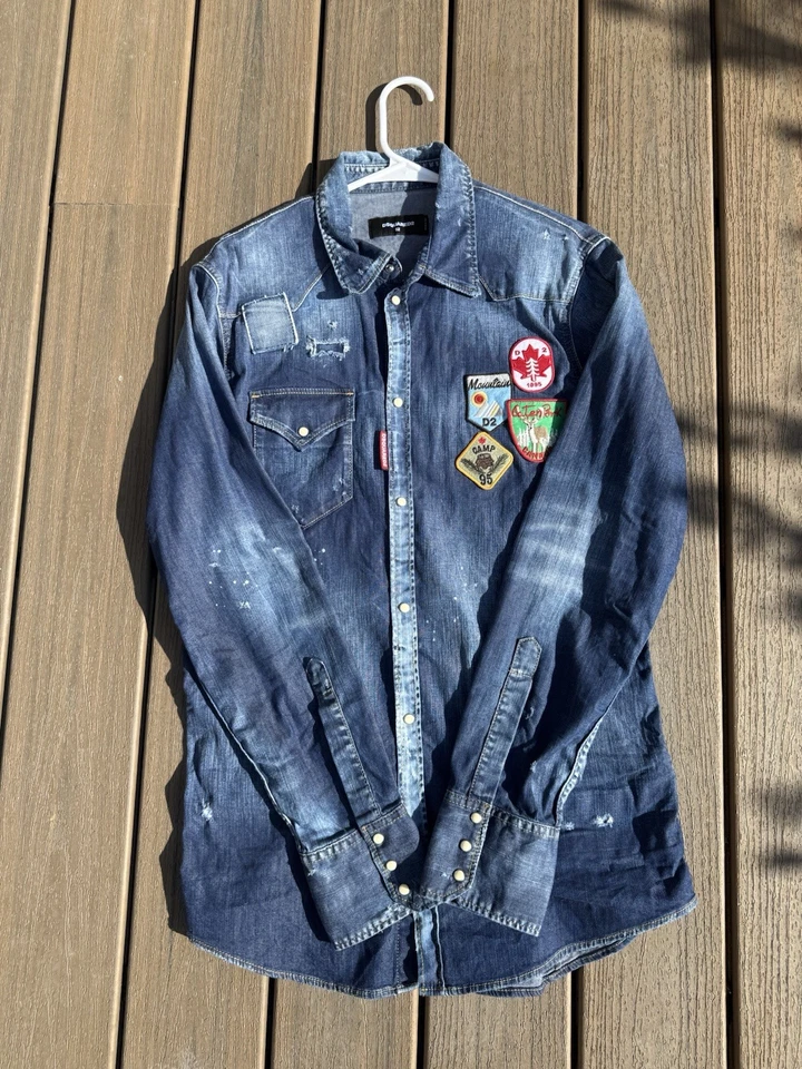 Dsquared2 Men's Long Sleeve Denim Shirt Size 52 (L) Distressed Blue Pearl Snap - Image 1 of 4