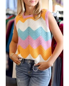 Azura Exchange Multicolour Striped Colorblock Scalloped Hem Knitted Vest Women - Picture 1 of 11