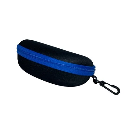 Large Zippered Sunglass Eyeglass Hard Case Clip Black Blue Trim Travel Men Women - Image 1 of 4