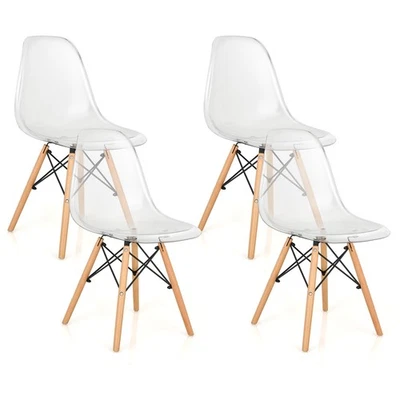 Set of 4 Dining Chairs Modern Plastic Shell Side Chair w/ Clear Seat & Wood Legs - Image 1 of 4
