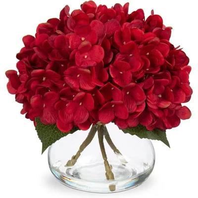 9,5 pulgadas Flores de hortensia artificiales rojas para interiores en florero de vidrio Foto 1 de 4