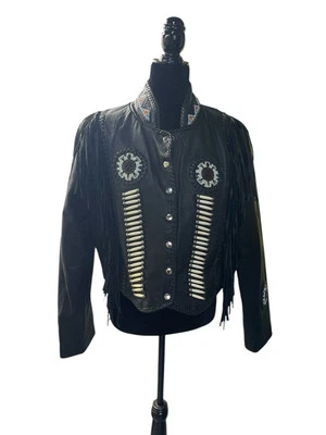 Chaqueta Sunriders Western Wear de cuero negro con cuentas/flecos, cierre a presión talla Lg Foto 1 de 4