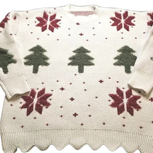 Wmn 2X Ugly Xmas Sweater Plus Size Cream Chunky Knit Pullover Tree Snowflake - Picture 1 of 6