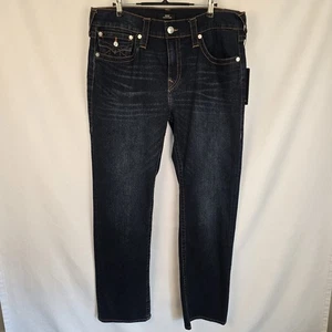 New True Religion Mens Jeans 32x34 Ricky Relaxed Straight Leg Blue Dark Wash - Picture 1 of 18