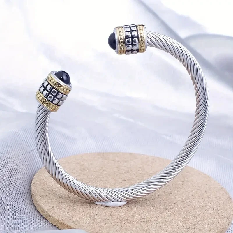 Nuevo brazalete de circón de acero inoxidable bicolor de ónix negro para mujer - Envío gratuito Foto 1 de 4