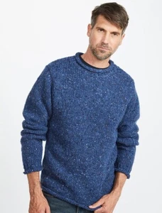 Aran Sweater Market Men's Roll Neck Fisherman Sweater, Size M, Blue, Irish Wool - Picture 1 of 4