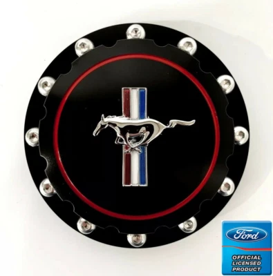 Black Billet Twist On Style Gas Cap Tri-Bar Pony Emblem 1964-1973 Ford Mustang - Image 1 of 4