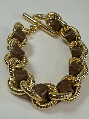 Pulsera Bellezza Italia Cadena Tejida Cuero Marrón Tono Dorado Palanca Gruesa Foto 1 de 4