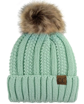 C.C Beanie Thick Cable Knit Faux Fuzzy Fur Pom Fleece Lined Skull Cuffed Cap   - Image 1 of 4