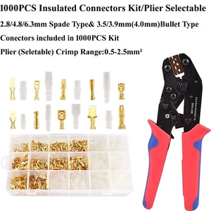 1000 Insulated Wire Connectors 2.8/3.5/3.9/4.8/6.3mm Bullet Spade Terminal Plier - Picture 1 of 29