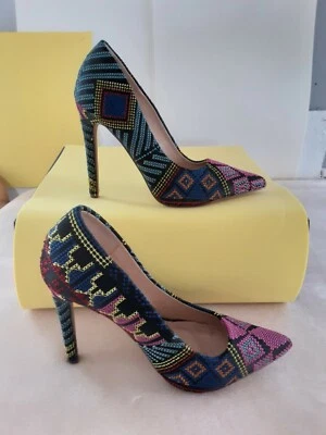 LILIANA #452 Zapatos Tacones Mujer Talla 7 Tela Geométrica Tapiz Usado Foto 1 de 4