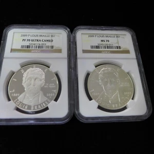 2009-P Louis Braille Silver Commem Proof  & UNC Silver Dollars NGC PF69UC + MS70 - Picture 1 of 6