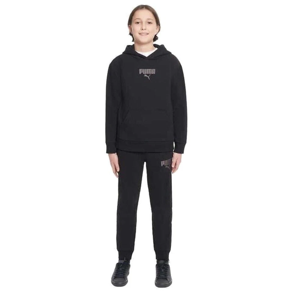 Puma Fleece Youth Boy's Hoodie Black with Logo and Kangaroo Pocket Large 14/16